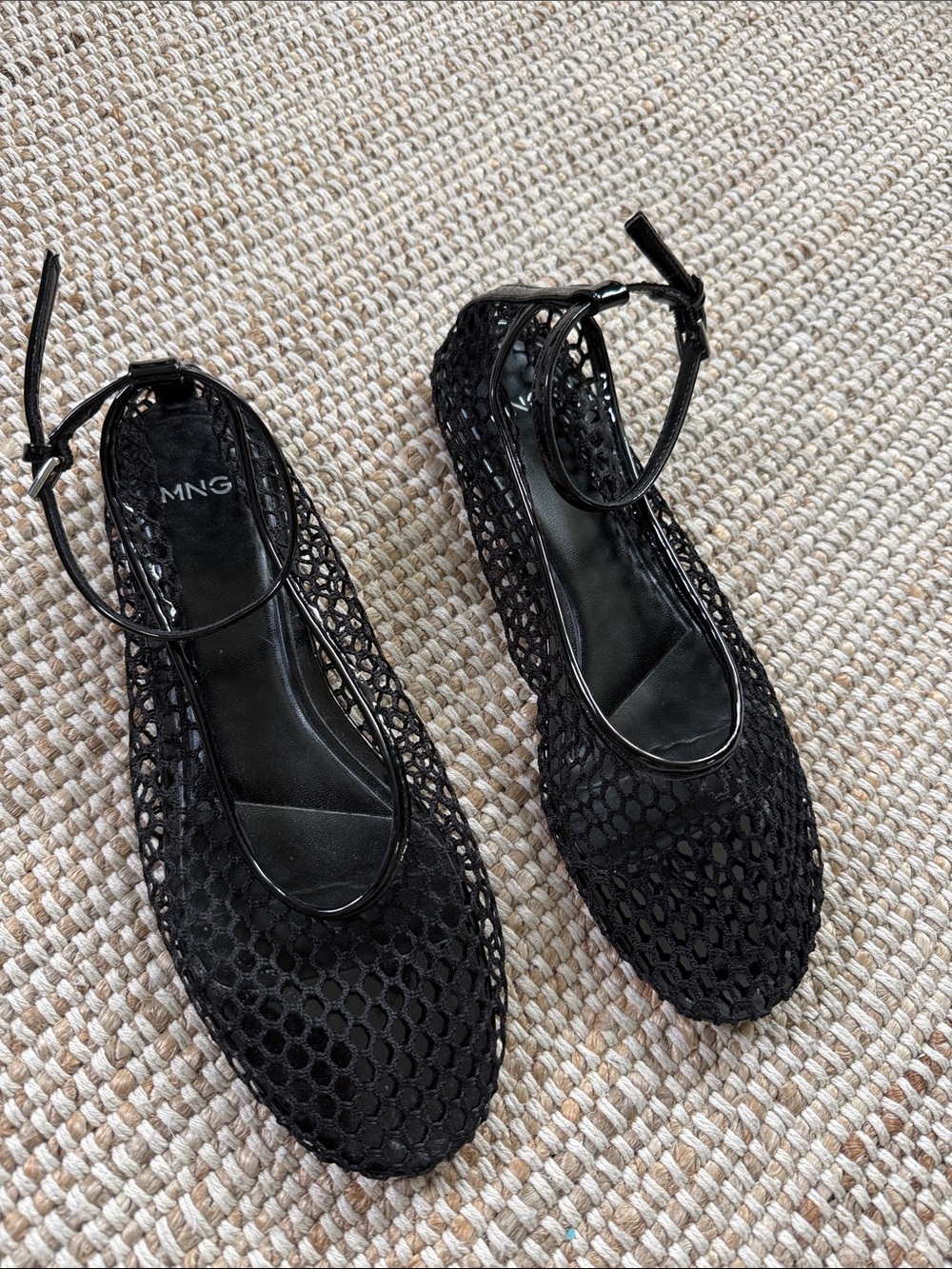 Mango Black Mesh Ankle-Strap Ballerina Flats with Round Toe